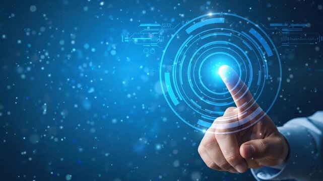 Hand touching a digital interface with glowing circular hologram