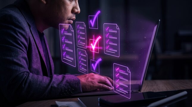 A man works on a laptop with a futuristic holographic interface displaying documents with checkmarks. This image represents productivity, task completion, and digital workflow