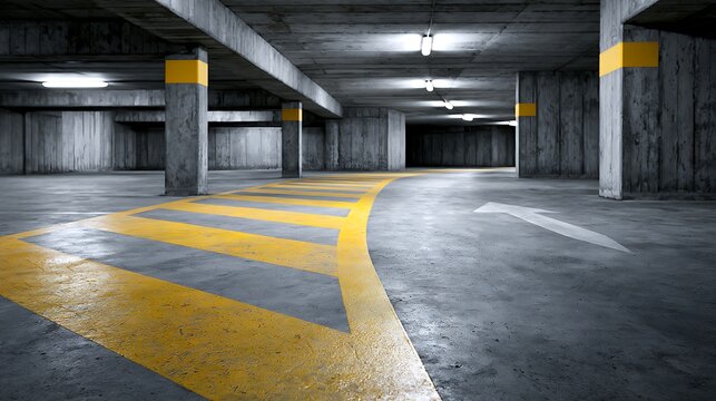An empty underground concrete parking garage with yellow markings and directional arrows. The scene represents urban infrastructure and modern transportation design concepts.