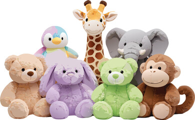 Obraz premium A group of colorful plush stuffed animal toys standing together against a plain white background.