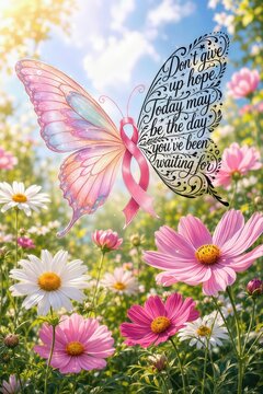 A beautifully detailed butterfly with a pink ribbon breast cancer symbol and a motivational message glides above a vibrant daisy and cosmos flower garden as sunlight filters through, casting a warm gl