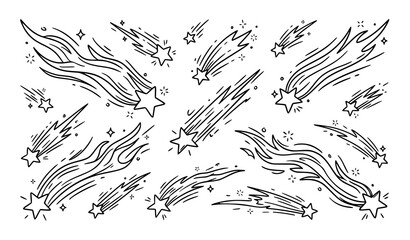 Meteor shower doodle vector icons with falling stars comets and cosmic sparkle trails in outline style © Md Monirul