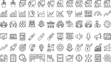 Collection of flat line icons depicting business finance communication and project management concepts art design vector graphics meeting icon presentation © DESIGN SHOP