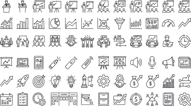 Collection of flat line icons depicting business finance communication and project management concepts art design vector graphics meeting icon presentation