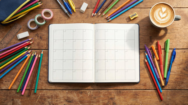 Open planner with calendar grid on wooden desk with colorful pencils and coffee. Time management and education concept. Stationery supplies for school or work project organization flat lay.