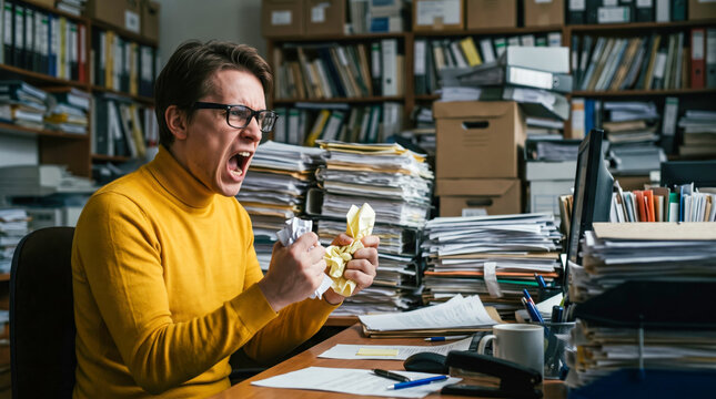 A man sits at a cluttered desk in an office filled with papers and boxes. He holds crumpled paper and shouts, showing signs of stress. The scene captures a moment of frustration at work
