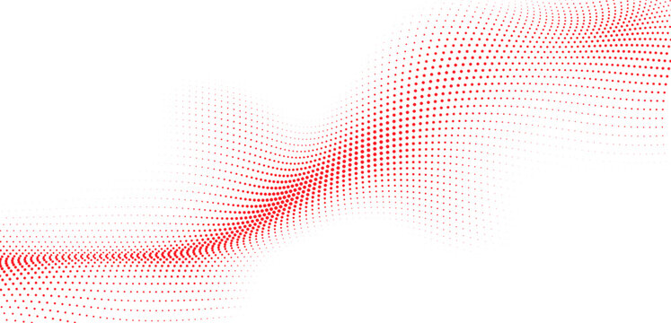 Abstract red dotted wave line with flowing particle mesh background illustration