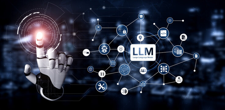 Large Language Model LLM processing data. Represents deep text learning, natural language processing NLP AI tech, transformer architecture, and generative AI deep learning future technology. Corpus