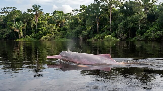 An Amazon river dolphin, also known as a pink dolphin, surfaces in the tranquil waters of a rainforest river, exhaling a misty spray as lush, verdant jungle foliage frames the serene scene.