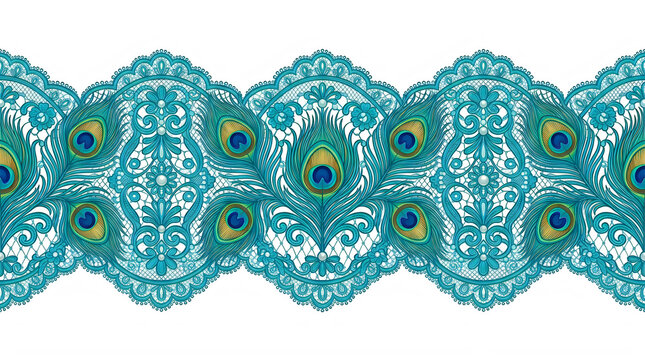 teal blue peacock feather lace border with intricate embroidery pattern for elegant fashion design and romantic textile decor isolated on transparent background