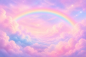 Obraz premium Rainbow arching above soft pastel clouds in morning sky