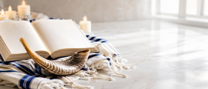 Jewish prayer book with candles and shofar against a bright background for high holy banner format
