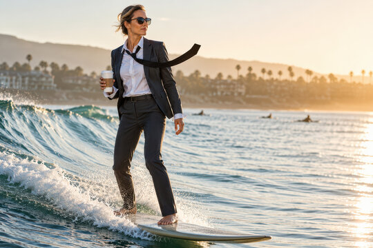 Businesswoman surfs in a suit while holding coffee at sunrise by the coast. Perfect for work-life balance, success, travel, and lifestyle campaigns.
