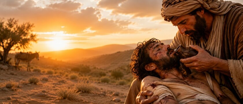 Samaritan man helps a wounded traveler, offering water from a leather flask under a tree at sunset with a donkey in the banner format