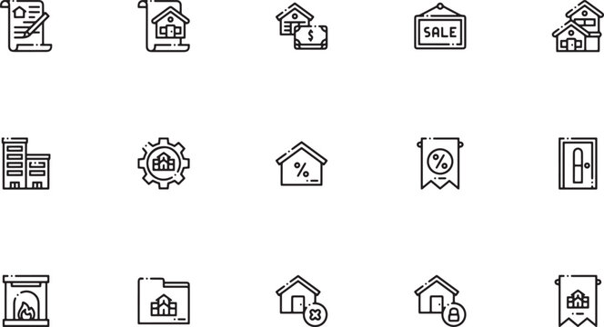 Property Sales & Marketing icon set, Real estate marketing and property sales outline vector icon collection featuring house blueprints financial transactions for sale signs and discount price tags