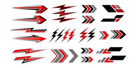 Set of red and black racing decals, abstract speed arrows, and lightning bolt graphics for car body customization © md