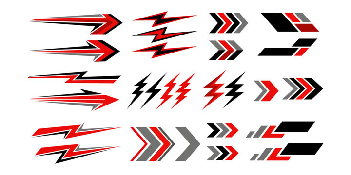 Set of red and black racing decals, abstract speed arrows, and lightning bolt graphics for car body customization