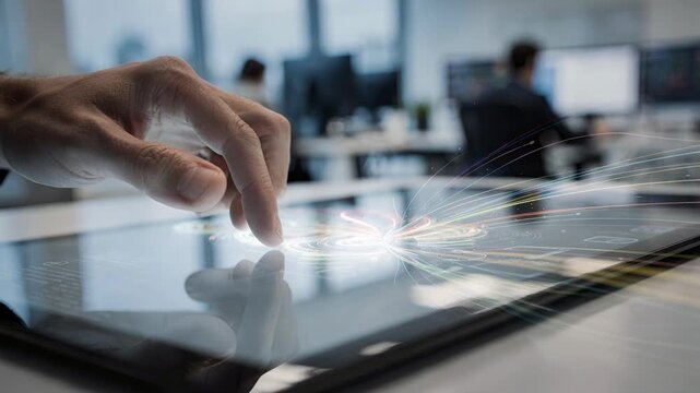 Focused view of hand shifting energy futures positions on touchscreen blurred office environment behind capturing dynamic contract roll process.
