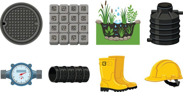 Sustainable Stormwater Management and Drainage System Equipment Set with Rain Garden Manhole Cover Water Meter Tank and Hardhat,