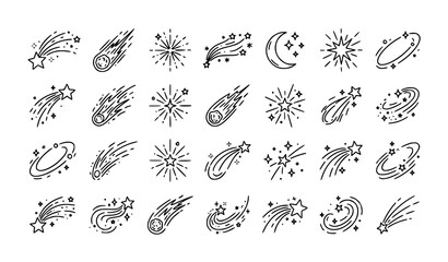 doodle, shooting, star, stars, comet, meteors, meteor, trail, trails, streak, streaks, silhouette, outline, sketch, handdrawn, icon, icons, set, vector, space, galaxy, cosmic, universe, motion, light, © Md Monirul