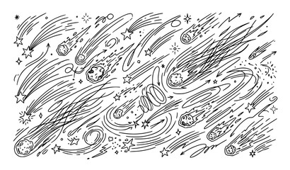 Dynamic meteor motion streaks and shooting star trail icons vector with cosmic energy lines Keywords: © Md Monirul