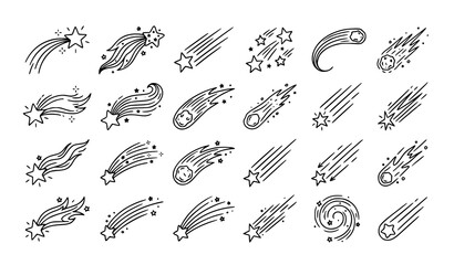 Doodle shooting stars and meteor trail silhouettes vector with hand drawn comet streak icons © Md Monirul