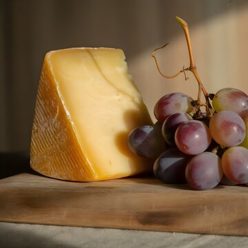 Cu&ntilde;a de queso curado y racimo de uvas rojas sobre una tabla de cortar de madera bajo luz natural c&aacute;lida