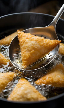 Samosa crujiente y dorada siendo extra&iacute;da de aceite caliente hirviendo con una espumadera met&aacute;lica durante el proceso de fritura