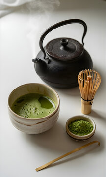 Juego tradicional de t&eacute; matcha con cuenco de t&eacute; verde, batidor de bamb&uacute;, cuchara, polvo de matcha y tetera de hierro fundido humeante sobre fondo blanco
