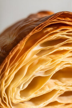 Primer plano extremo de la textura interior de un croissant mostrando sus capas crujientes de hojaldre dorado