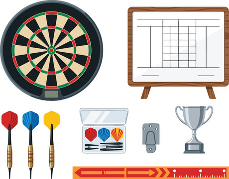 Traditional Bristle Dartboard Game Vector Set with Steel Tip Darts Wooden Scoreboard Trophy Case and Throw Line Elements