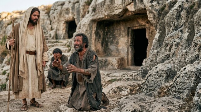 Jesus Christ with a staff interacting with a distressed man kneeling in front of a rock formation with caves. Possessed by demons at the cave