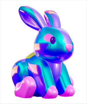 Holographic 3d bunny rabbit with iridescent glossy metallic finish in vibrant neon colors
