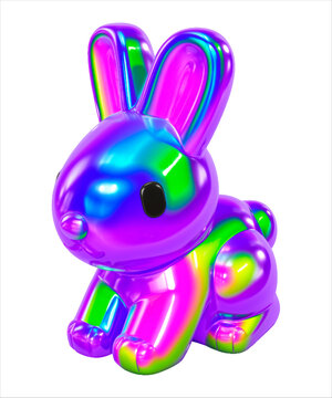 Cute holographic bunny 3d style illustration with iridescent purple and neon rainbow gradient
