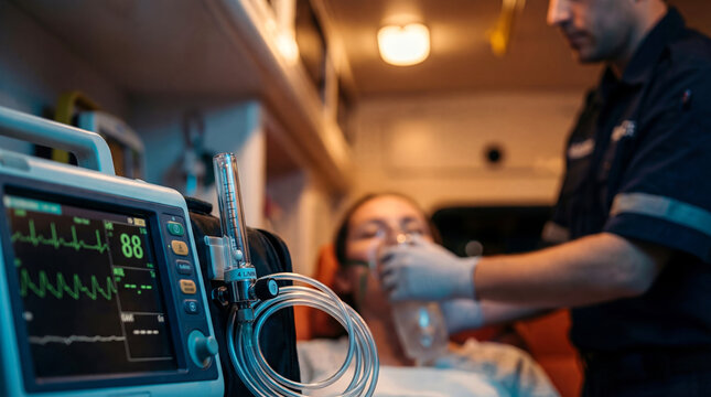 Close-up of a medical monitor and oxygen flow meter inside an ambulance while a paramedic assists a patient wearing an oxygen mask in the blurred background