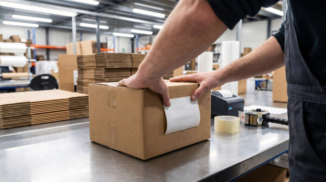 Warehouse worker applying printed shipping label to sealed outbound parcel at packing station