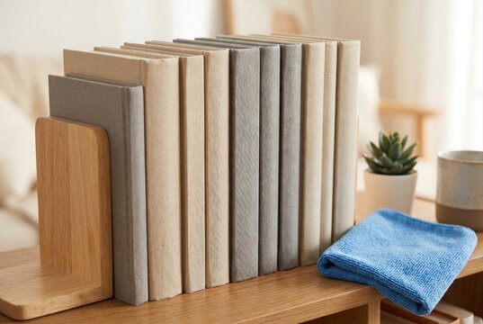 Row of neutral colored books secured by a wooden bookend next to a blue microfiber cloth