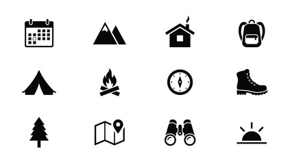 Minimalist black icons set featuring camping and outdoor adventure essentials on white background with adventure themes with arranged against minimalist white backdrop clarity © Somiran
