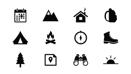 Minimalist black icons set featuring outdoor adventure and travel essentials in flat design style with travel themes with grid twelve minimalist © Somiran