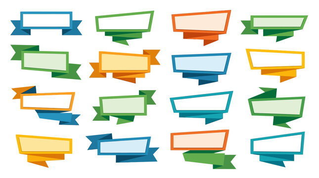 Flat design vector illustration pack featuring sixteen colorful ribbon banners, geometric text boxes, and blank label frames in blue, green, orange, and yellow on white background.