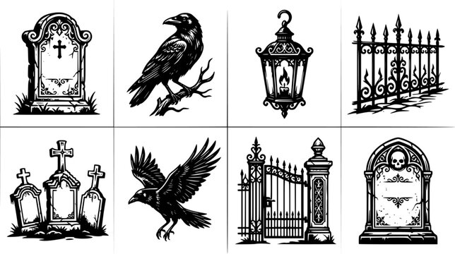 Spooky gothic icon set with crows tombstones lantern and iron fence for dark themed projects.
