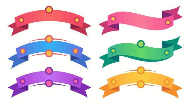 Set of six colorful flat design vector ribbon banners with decorative circular accents and fishtail ends in red, pink, blue, green, purple, and orange isolated on white background.