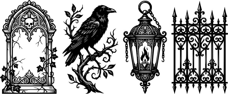 Spooky gothic icon set with crows tombstones lantern and iron fence for dark themed projects.

