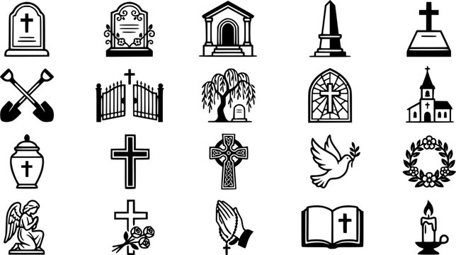 Spooky halloween icons including ghost skull coffin bat and gravestone vector graphics.
