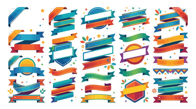 Comprehensive collection of colorful flat design ribbon banners, badges, and labels. Vector illustration set featuring decorative scrolls, corner ribbons, and geometric emblems on white.