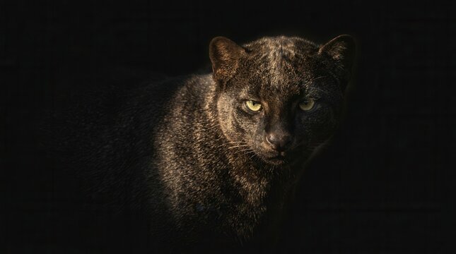 Mysterious Black Wolf Emerges from Darkness with Intense Gaze.