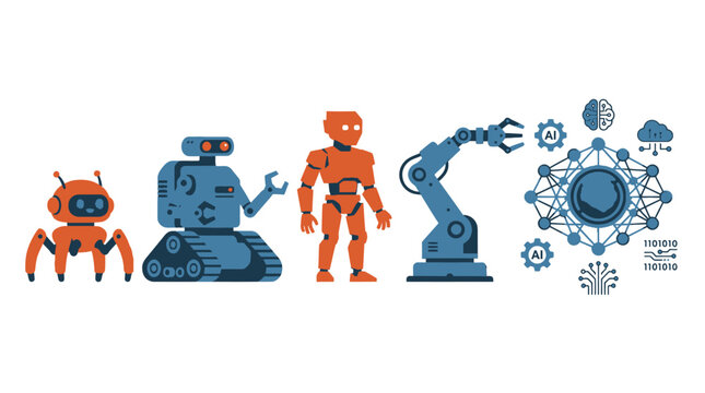Modern robotic characters and neural network diagrams for artificial intelligence concepts.