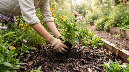 Fototapeta premium Gardener Hands Planting Blooming Flower Seedling in Raised Bed of Colorful Backyard Flower Garden