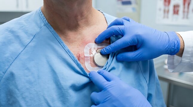 Doctor's gloved hands checking a patient's implanted pacemaker device after surgery