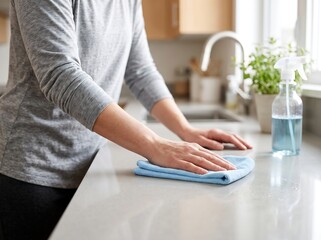 Fototapeta premium Person cleaning a kitchen countertop with a blue microfiber cloth
